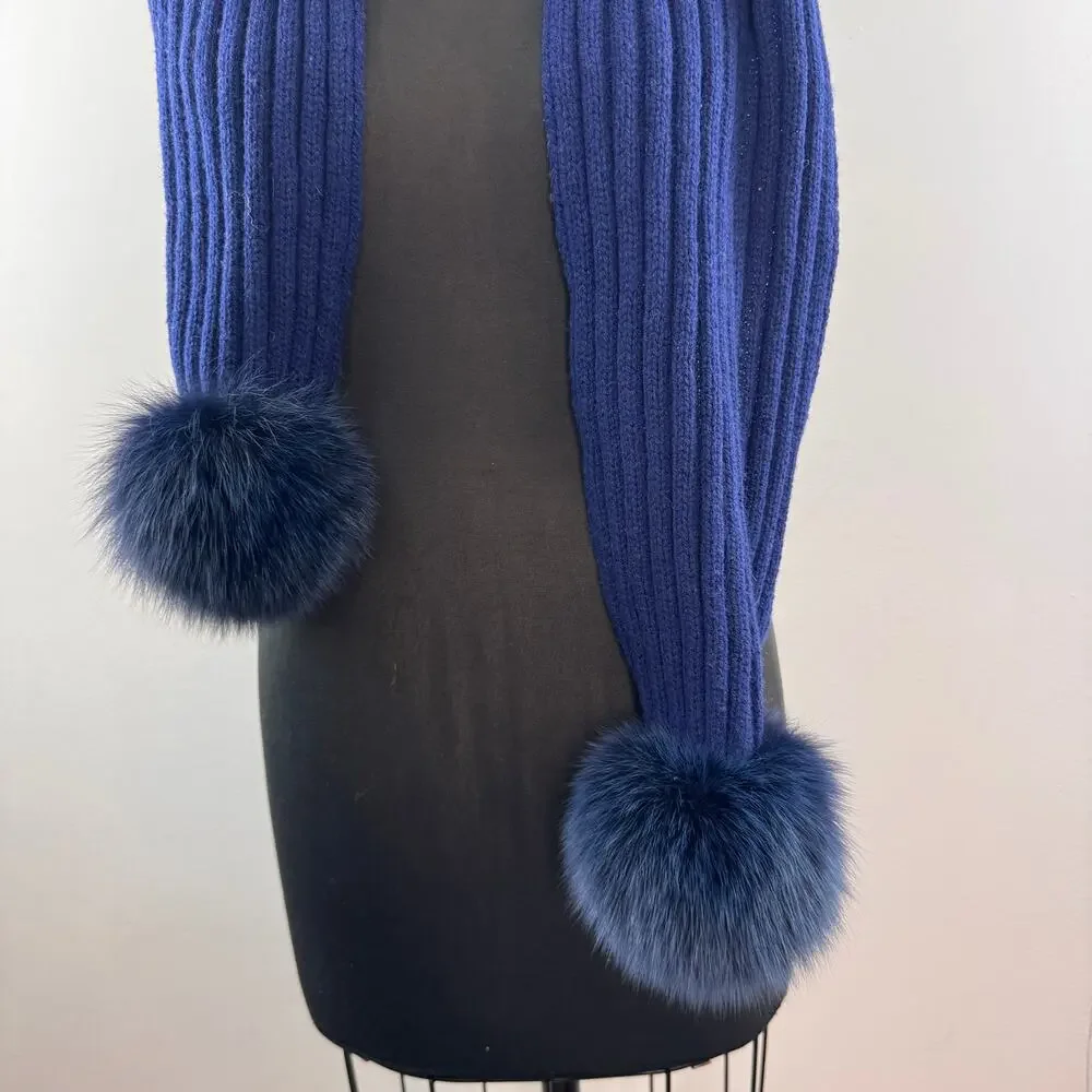 REGINA Italian Navy Blue Scarf Hood Hat Set Cashmere Wool Fur Pom Cable Knit NEW